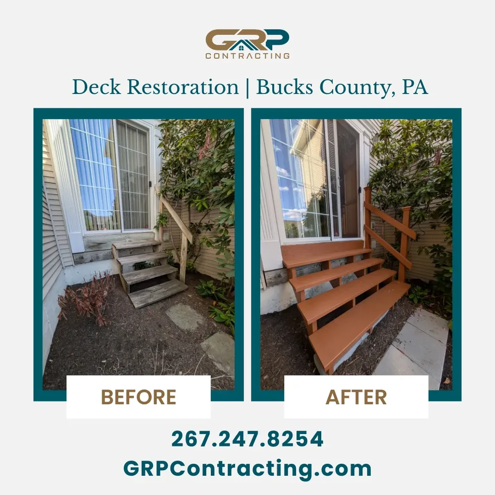 Before and after of a rebuilt deck stairway in Bucks County, PA