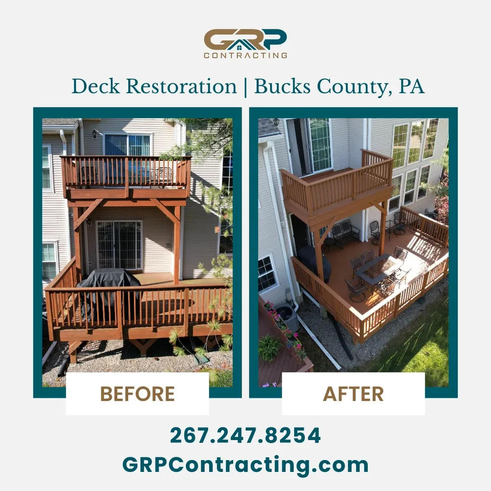 Before and after of a restored two-story deck in Bucks County, PA