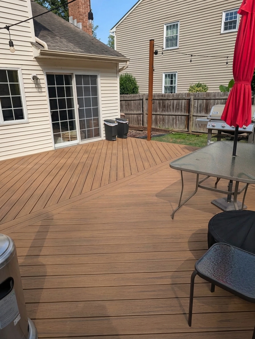 The same deck reimagined in warm-brown composite decking
